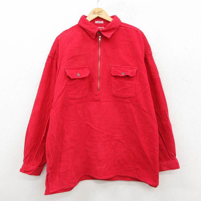 樂天商城 - 【中古】古着 マルボロ 長袖 ハーフジップ シャツ メンズ 90年代 90s コーデュロイ 大きいサイズ ロング丈 コットン 赤 26feb06