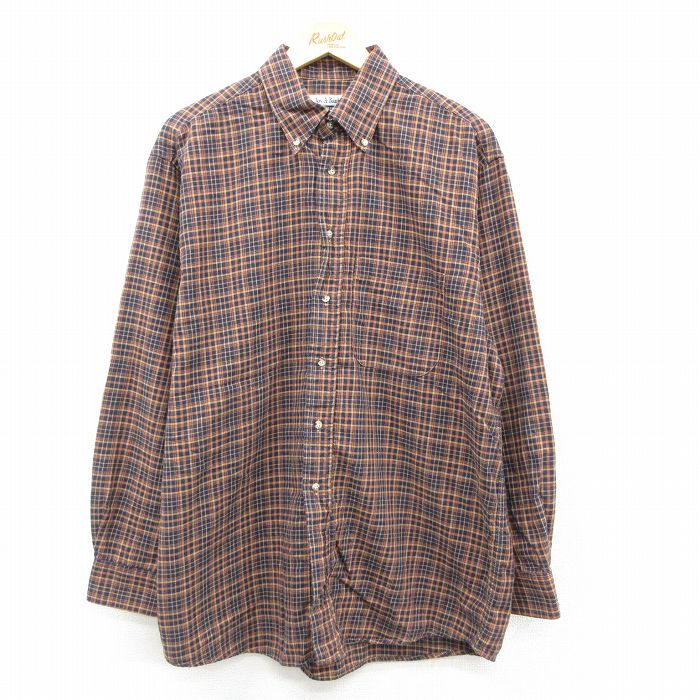 乐天商城 - 【中古】古着 JOS A BANK 長袖 シャツ メンズ 90年代 90s 大きいサイズ ロング丈 コットン ボタンダウン カナダ製 茶他 チェック【spe】 26feb09