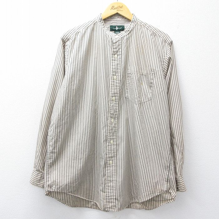 樂天商城 - 【中古】古着 長袖 シャツ メンズ 90年代 90s 大きいサイズ コットン ノーカラー ベージュ他 ストライプ 26feb10