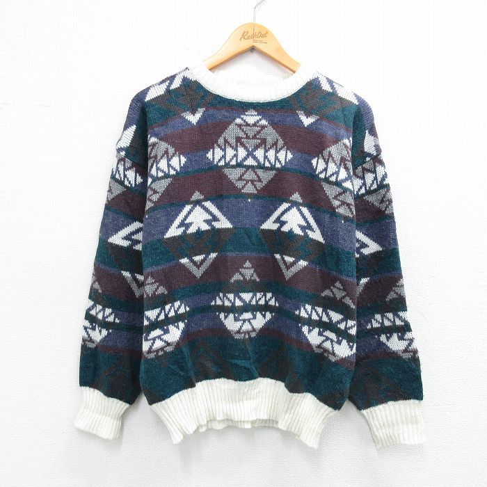 Crew Neck - 【中古】古着 90s ネイティブ柄 長袖セーター メンズ 90年代 クルーネック ラグ柄 白 アメカジ ストリート カジュアル きれいめ ヴィンテージ レトロ オールド【spe】 26feb09