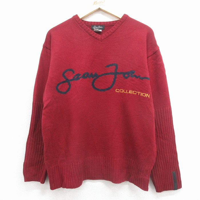 V-Neck - 【中古】古着 ショーンジョン 長袖セーター メンズ Vネック エンジ ビッグロゴ ニット トレーナー アメカジ ストリート カジュアル きれいめ ヴィンテージ レトロ 26feb12