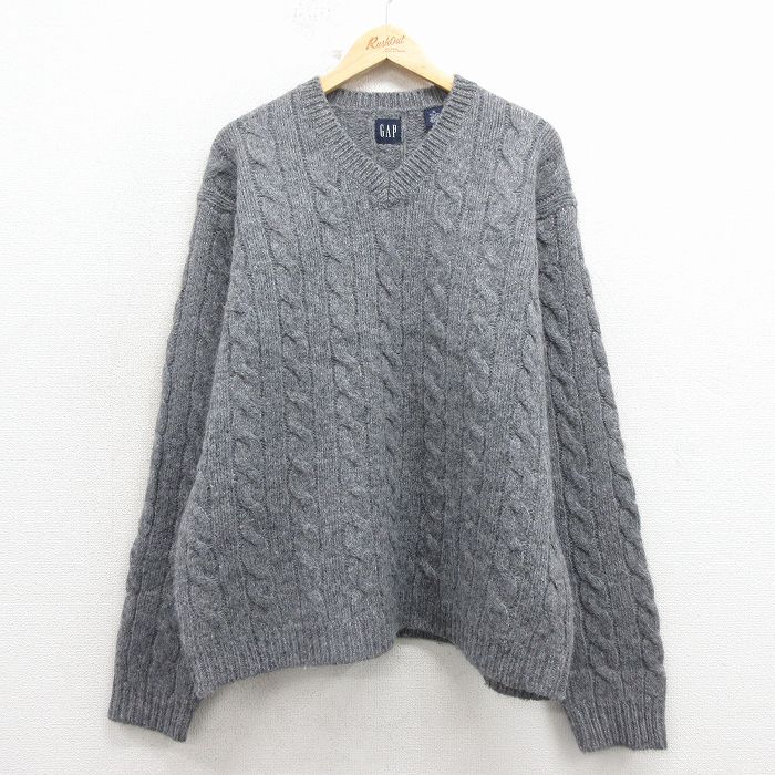 V-Neck - 【中古】古着 ギャップ 00s ケーブルニット セーター メンズ グレー 霜降り Vネック ウール GAP 00年代 アメカジ ストリート カジュアル きれいめ ヴィンテージ 26feb12