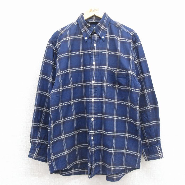 樂天商城 - 【中古】古着 ノーティカ 長袖 ブランド シャツ メンズ 90年代 90s ワンポイントロゴ コットン ボタンダウン 紺 チェック 26feb16
