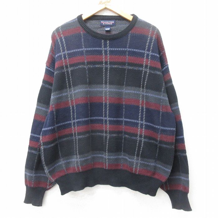Crew Neck - 【中古】古着 90s 長袖セーター メンズ クルーネック 黒 USA製 チェック コットン アメカジ ストリート カジュアル きれいめ ヴィンテージ レトロ オールド【spe】 26feb14