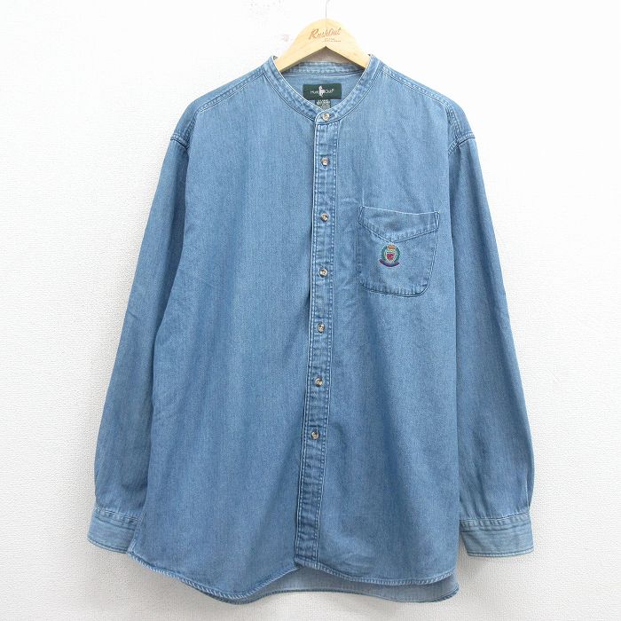 乐天商城 - 【中古】古着 長袖 シャツ メンズ 00年代 00s ノーカラー 大きいサイズ コットン 紺 デニム【spe】 26feb18
