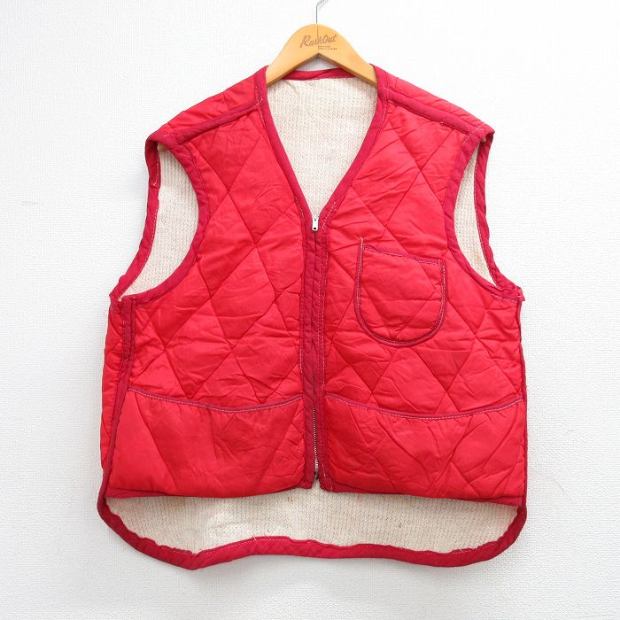 樂天商城 - 【中古】古着 ナイロン キルティング ベスト メンズ 80年代 80s 赤 内側サーマル 26feb25