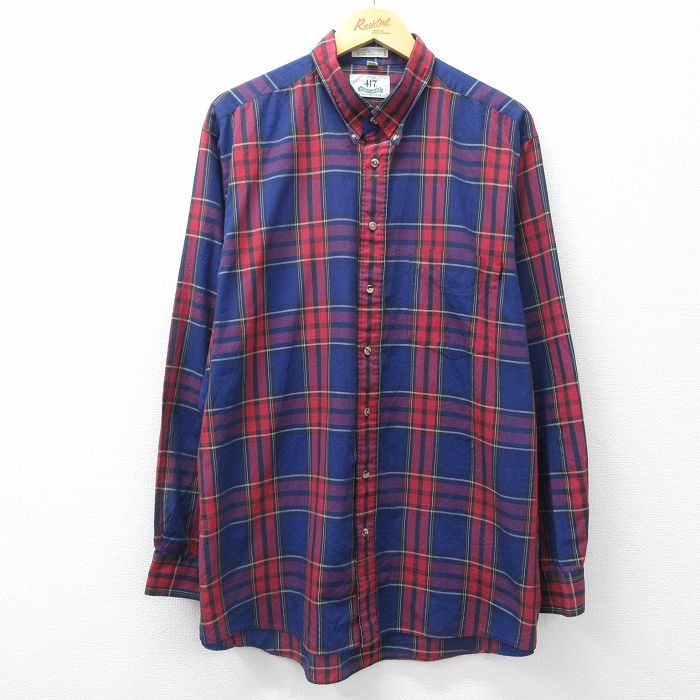 【中古】古着 バンヒューセン 長袖 シャツ メンズ 90年代 90s 大きいサイズ ロング丈 ボタンダウン 紺他 チェック 26feb28