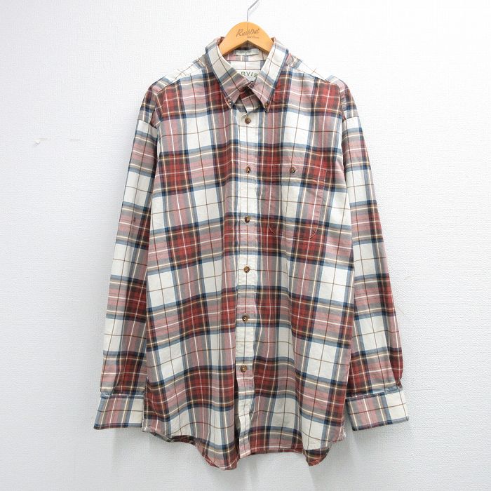 【中古】古着 オービス 00s 長袖シャツ メンズ XLサイズ ボタンダウン 薄ベージュ チェック コットン 大きいサイズ ロング丈 アメカジ ストリート カジュアル 26feb28 2OF