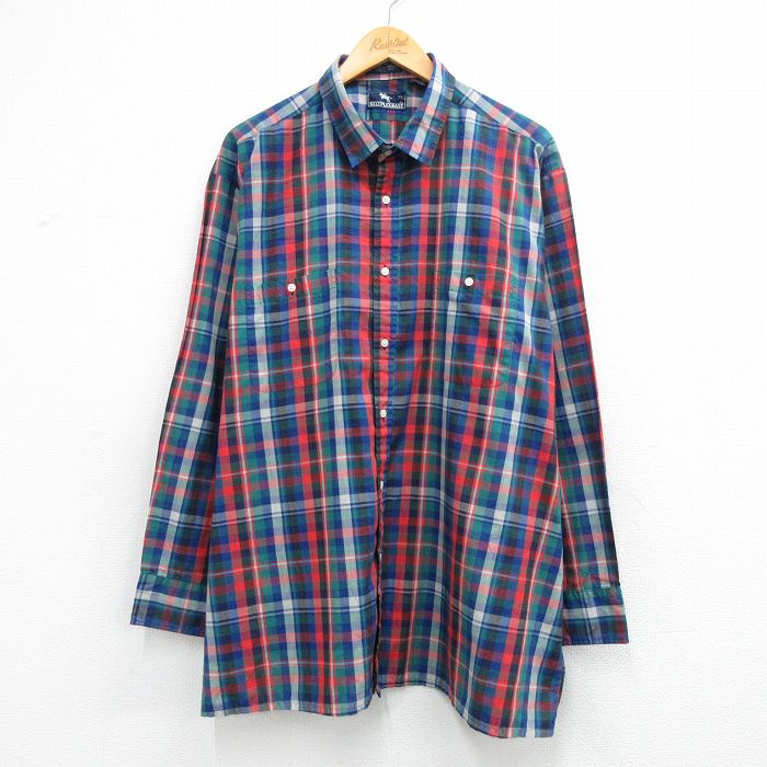 乐天商城 - 【中古】古着 長袖 シャツ メンズ 90年代 90s 大きいサイズ ロング丈 紺他 チェック 26feb28