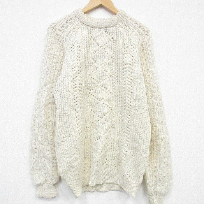Crew Neck - 【中古】古着 長袖セーター メンズ ウール クルーネック イギリス製 薄ベージュ ニット 手織り ヴィンテージ アメカジ ストリート カジュアル きれいめ レトロ オールド【spe】 26feb28
