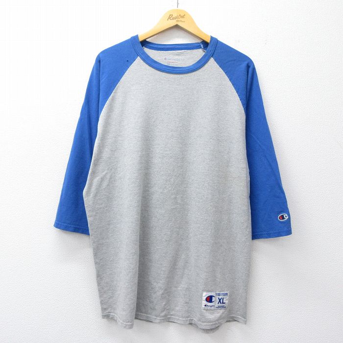 乐天商城 - 【中古】古着 チャンピオン champion 7分袖 Tシャツ メンズ ラグラン ツートンカラー 大きいサイズ ロング丈 クルーネック グレー 霜降り他 26mar04