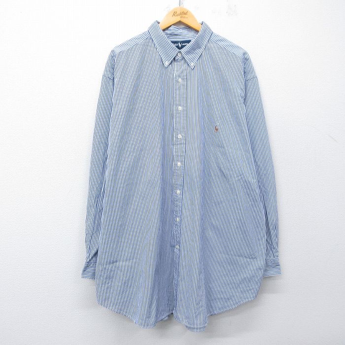 樂天商城 - 【中古】古着 ラルフローレン 長袖 ブランド シャツ メンズ 90年代 90s ワンポイントロゴ BIG&TALL オックスフォード 大きいサイズ ロング丈 コットン 白他 ストライプ【spe】 26mar06