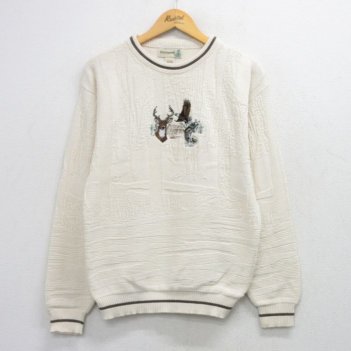 Crew Neck - 【中古】古着 90s セーター メンズ 90年代 薄ベージュ シカ 鳥 刺繍 クルーネック コットン USA製 長袖 アメカジ ストリート カジュアル きれいめ ヴィンテージ レトロ 26mar06