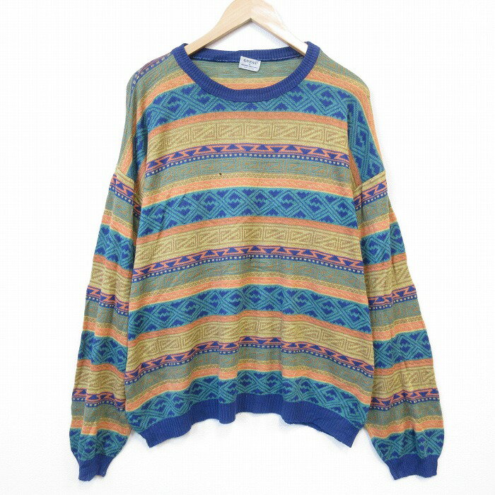 Knit Sweater - 【中古】古着 ゲス GUESS 長袖セーター クルーネック メンズ ニット 薄紺 イタリア製 ビジネスカジュアル アメカジ ストリート きれいめ ヴィンテージ レトロ 26mar06
