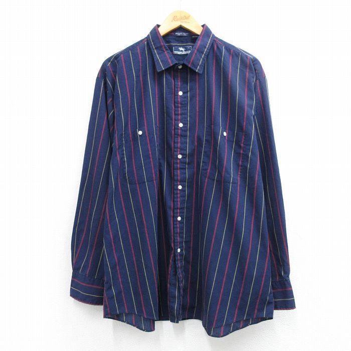乐天商城 - 【中古】古着 長袖 シャツ メンズ 90年代 90s 大きいサイズ 紺他 ストライプ 26mar13