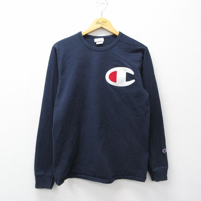 【中古】古着 チャンピオン champion 長袖 Tシャツ メンズ ビッグロゴ コットン クルーネック 紺 26mar13