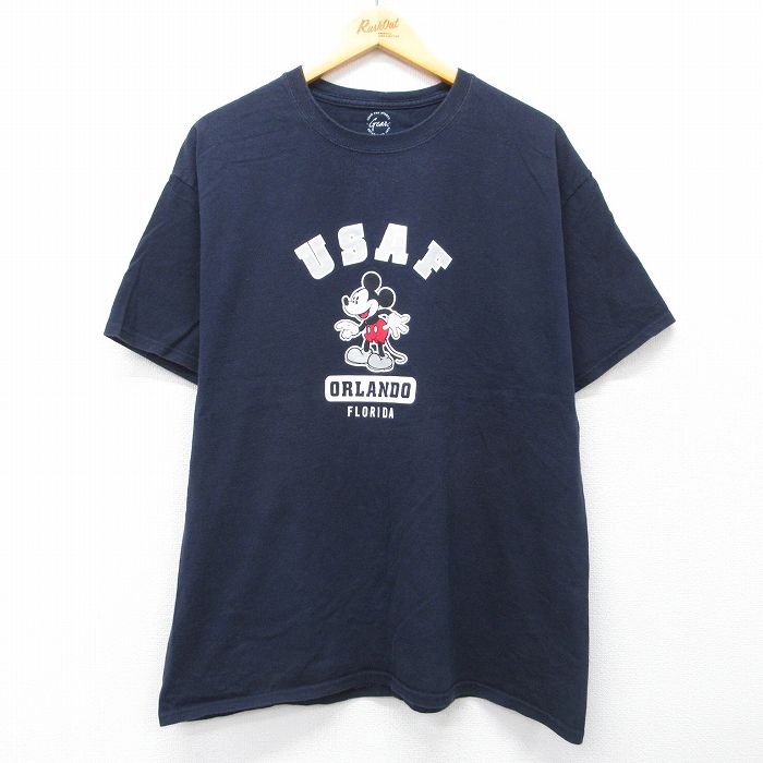 【中古】古着 ディズニー ミッキー USAF ミリタリーTシャツ メンズ XLサイズ 紺 ネイビー クルーネック コットン アメカジ ストリート カジュアル きれいめ 26mar18