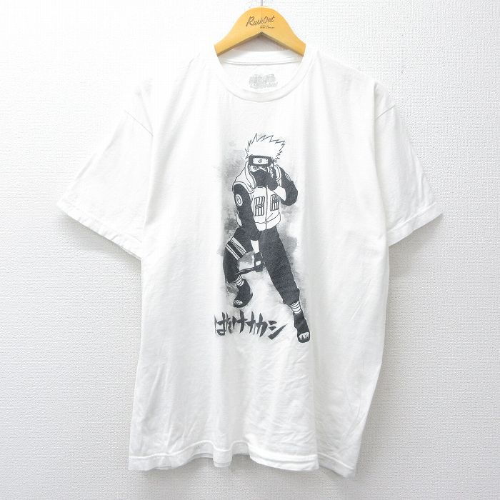 【中古】古着 半袖Tシャツ メンズ XLサイズ アニメプリント ナルト疾風伝 はたけカカシ 白 コットン クルーネック アメカジ カジュアル トップス ビッグシルエット 26mar19 5OF