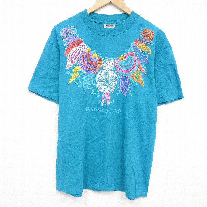 樂天商城 - 【中古】古着 オニータ ONEITA 半袖 ビンテージ Tシャツ メンズ 90年代 90s SANIBEL コットン クルーネック USA製 青緑 26mar19