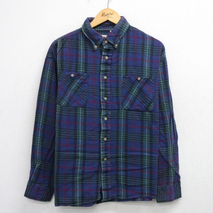 乐天商城 - 【中古】古着 フランネルシャツ メンズ XLサイズ 長袖 ボタンダウン チェック 紺 コットン 大きいサイズ アメカジ ストリート カジュアル きれいめ ヴィンテージ 26mar21