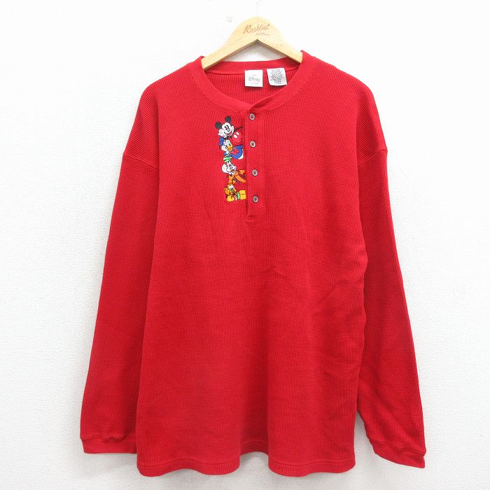 乐天商城 - 【中古】古着 長袖 ビンテージ サーマル Tシャツ メンズ 00年代 00s ディズニー ミッキー ドナルド 刺繍 大きいサイズ ヘンリーネック 赤【spe】 26mar21