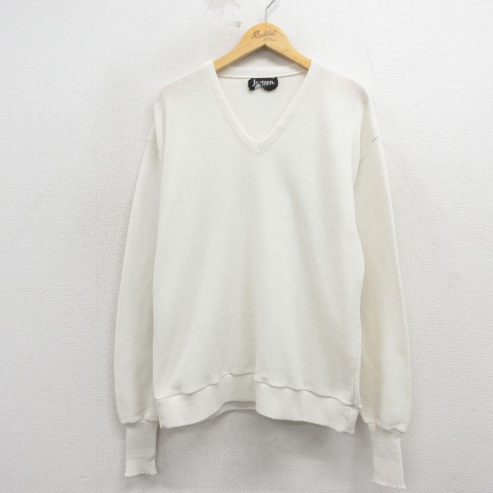 V-Neck - 【中古】古着 80s ジャンセン 長袖セーター ニット メンズ 白 Vネック 無地 アメカジ ストリート カジュアル きれいめ ヴィンテージ レトロ オールド 26mar23
