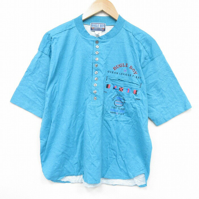 樂天商城 - 【中古】古着 ビューグルボーイ 半袖 ビンテージ Tシャツ メンズ 90年代 90s オーシャン 胸ポケット付き コットン ヘンリーネック 水色 26mar24