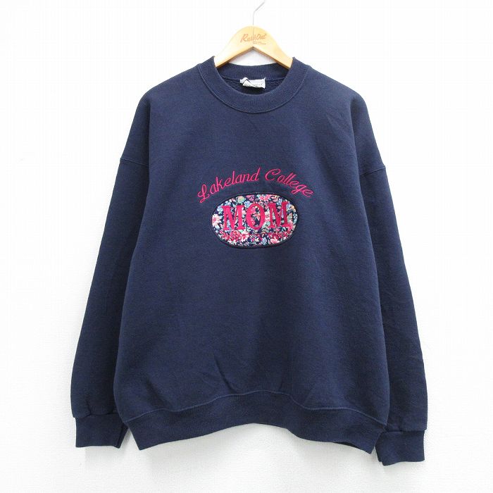 乐天商城 - 古着 長袖 スウェット レディース 00年代 00s MOM 刺繍 大きいサイズ クルーネック 紺 26mar27
