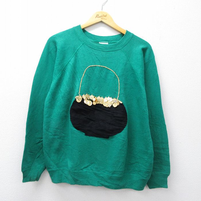 Crew Neck - 【中古】古着 ヘインズ 80s 長袖スウェット トレーナー レディース 80年代 ラグラン クルーネック USA製 緑 アメカジ ストリート カジュアル きれいめ ヴィンテージ レトロ 26mar27