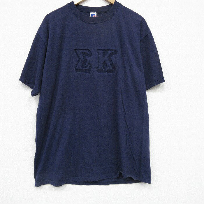乐天商城 - 【中古】古着 ラッセル 半袖 ビンテージ Tシャツ メンズ 80年代 80s ギリシャ文字 大きいサイズ クルーネック USA製 薄紺【spe】 26apr01