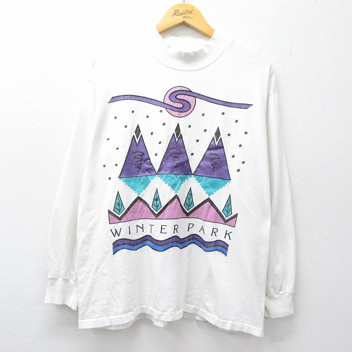 古着 90s ヴィンテージ長袖Tシャツ メンズ 90年代 WINTER PARK 白 モックネック ハイネック USA製 コットン アメカジ ストリート カジュアル 26apr02