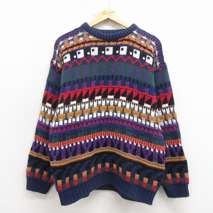 【中古】古着 OLD GLORY 90s 長袖セーター メンズ 90年代 ニット セーター フェアアイル クルーネック USA製 紺 アメカジ ストリート カジュアル【spe】 26apr03