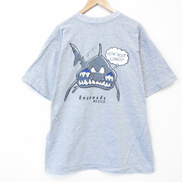 SUKA - 【中古】古着 90s ヴィンテージ半袖Tシャツ メンズ グレー 霜降り サメプリント XLサイズ コットン クルーネック 大きいサイズ ビッグシルエット アメカジ ストリート カジュアル 26apr03