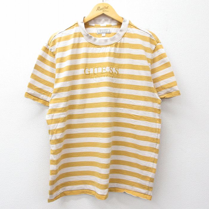 乐天商城 - 【中古】古着 ゲス GUESS 半袖 Tシャツ メンズ ビッグロゴ 刺繍 コットン クルーネック 黄他 ボーダー 26apr04
