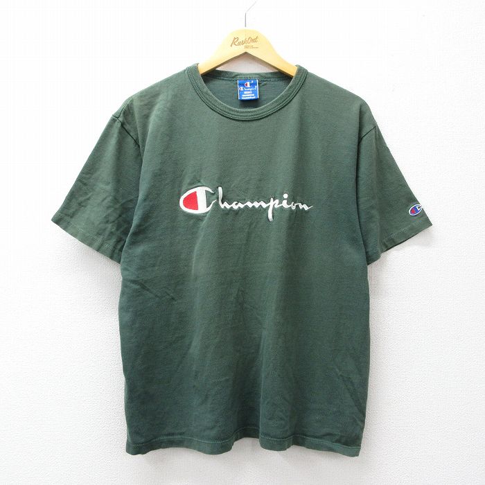 【中古】古着 チャンピオン champion 半袖 ビンテージ Tシャツ メンズ 90年代 90s ビッグロゴ 刺繍 フェード コットン クルーネック USA製 緑【spe】 26apr04