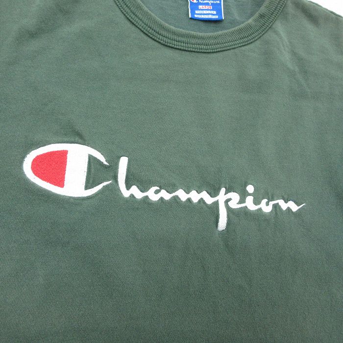 【中古】古着 チャンピオン champion 半袖 ビンテージ Tシャツ メンズ 90年代 90s ビッグロゴ 刺繍 フェード コットン クルーネック USA製 緑【spe】 26apr04