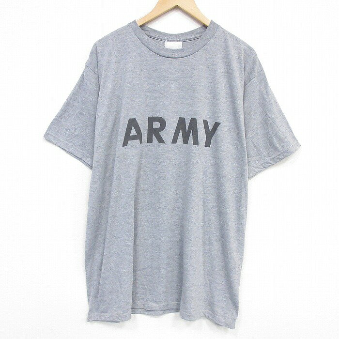 【中古】古着 90s ミリタリーTシャツ メンズ 90年代 アーミー USA製 グレー 霜降り ポリエステル クルーネック ロング丈 大きいサイズ ビッグシルエット アメカジ ストリート 26apr04