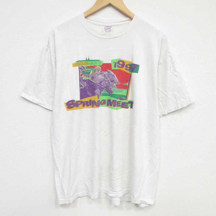 乐天商城 - 【中古】古着 90s ヴィンテージ半袖Tシャツ メンズ 90年代 白 コットン クルーネック 競馬プリント アメカジ ストリート カジュアル きれいめ レトロ オールド 26apr04