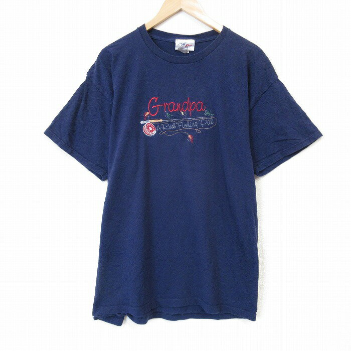 【中古】古着 00s ヴィンテージ半袖Tシャツ メンズ 紺 XLサイズ コットン クルーネック グランパ刺繍 大きいサイズ ビッグシルエット アメカジ ストリート カジュアル 26apr06