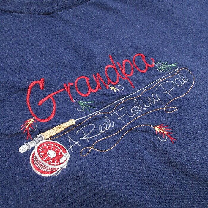 【中古】古着 00s ヴィンテージ半袖Tシャツ メンズ 紺 XLサイズ コットン クルーネック グランパ刺繍 大きいサイズ ビッグシルエット アメカジ ストリート カジュアル 26apr06