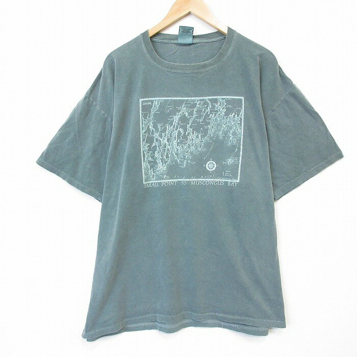 【中古】古着 00s 半袖Tシャツ メンズ 薄緑 地図プリント コットン クルーネック アメカジ ストリート...