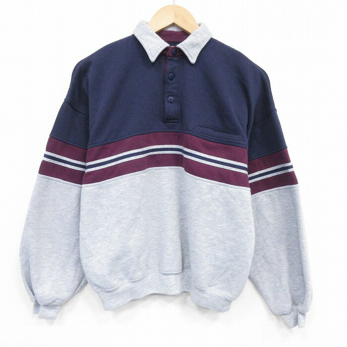 【中古】古着 90s 90年代 長袖スウェット トレーナー メンズ 襟付き 紺 ネイビー ビッグシルエット アメカジ ストリート ヴィンテージ カジュアル きれいめ 26apr07（楽天・古着屋RushOut）