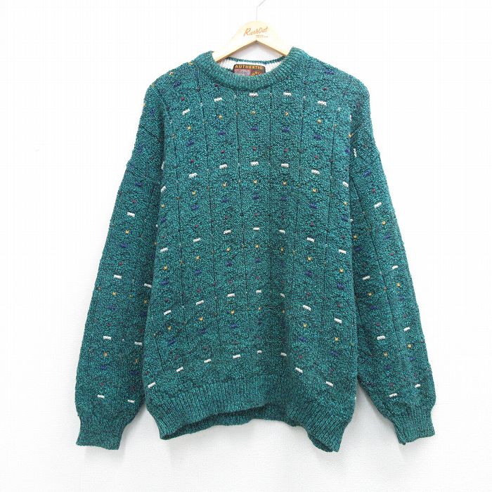Crew Neck - 【中古】古着 90s ニット セーター メンズ 90年代 クルーネック 緑 コットン USA製 大きいサイズ ビッグシルエット アメカジ ストリート カジュアル きれいめ 26apr09