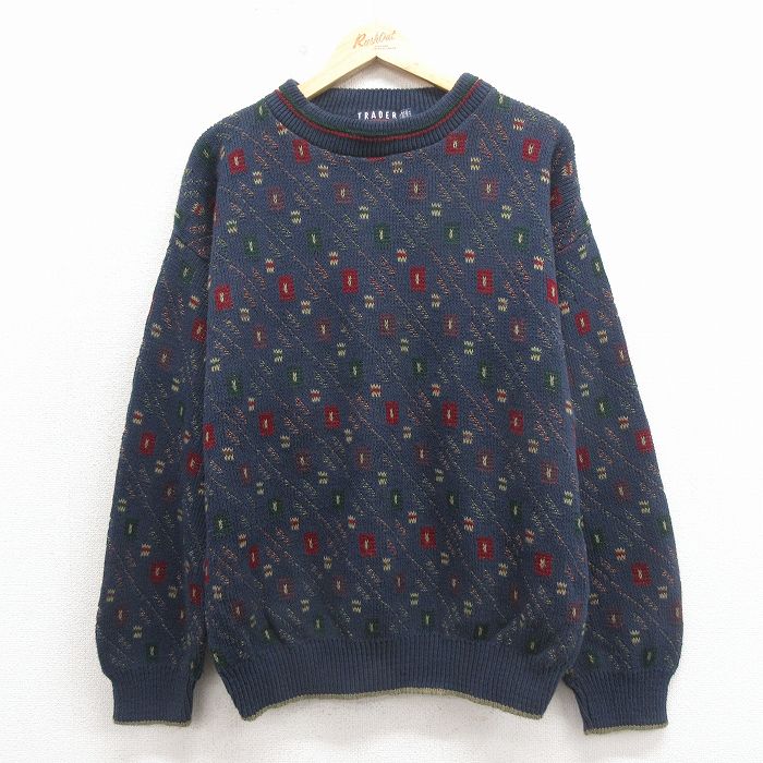 樂天商城 - 【中古】古着 TRADER BAY 長袖 セーター メンズ 90年代 90s 手織り クルーネック USA製 紺他 26apr11