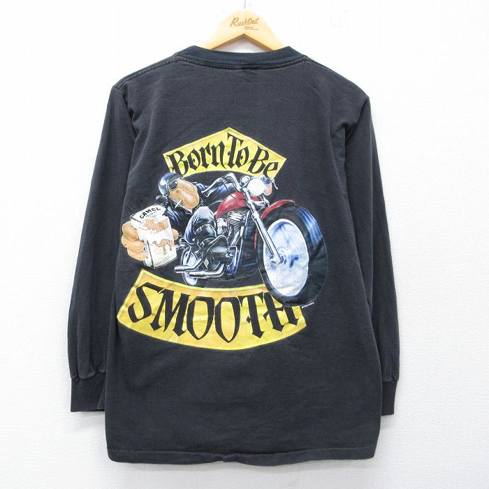 【中古】古着 長袖 ビンテージ Tシャツ メンズ 90年代 90s キャメル タバコ バイク 胸ポケット付き コットン クルーネック USA製 黒【spe】 26apr16