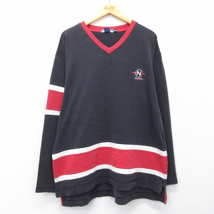 Rakuten - 【中古】古着 ノーティカ 長袖 ブランド Tシャツ メンズ コンペティション ワンポイントロゴ 大きいサイズ ロング丈 コットン Vネック 黒他 26apr16