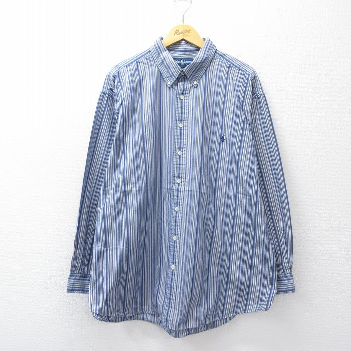 Rakuten - 【中古】古着 ラルフローレン 長袖 ブランド シャツ メンズ 90年代 90s ワンポイントロゴ 大きいサイズ ロング丈 コットン ボタンダウン 紺他 ストライプ【spe】 26apr20
