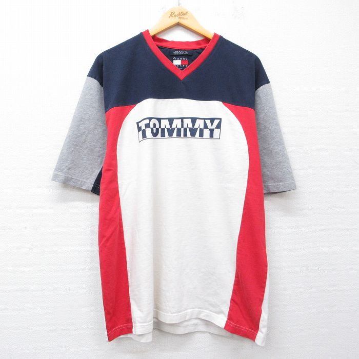 古着 トミーヒルフィガー 半袖 ブランド Tシャツ メンズ ビッグロゴ 大きいサイズ コットン Vネック 白他 26apr20