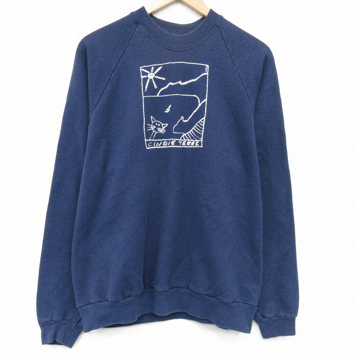 Rakuten - 【中古】古着 長袖 スウェット メンズ 80年代 80s ネコ ラグラン クルーネック 薄紺 26apr24