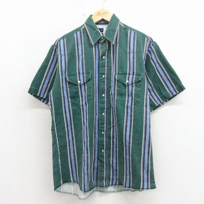 休闲衫 - 【中古】古着 ラングラー 半袖 ウエスタン シャツ メンズ 00年代 00s コットン 緑他 ストライプ 26may01